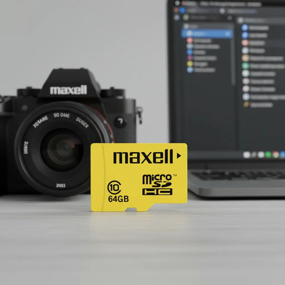 Tarjeta MicroSD Maxell 64GB junto a cámara y notebook